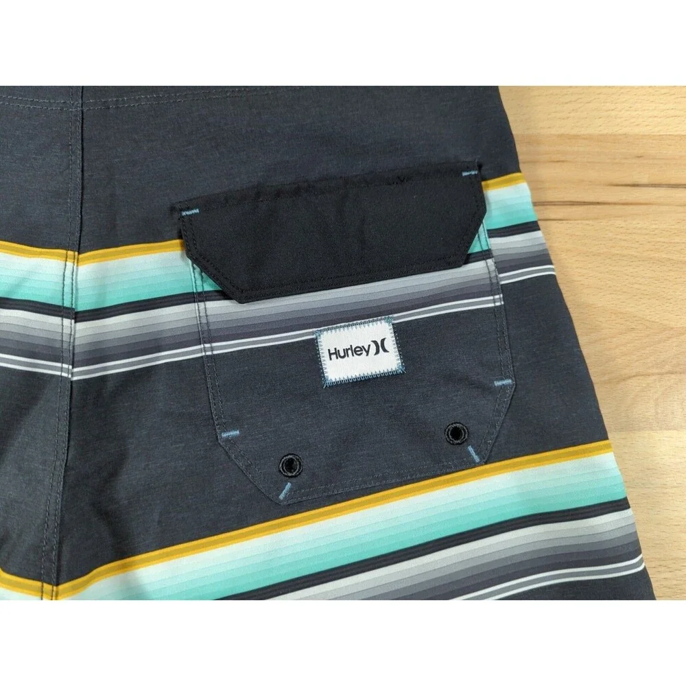 Hurley Mens Board Shorts Size 30 Swim Trunks Black Green Gold Stripe Pocket